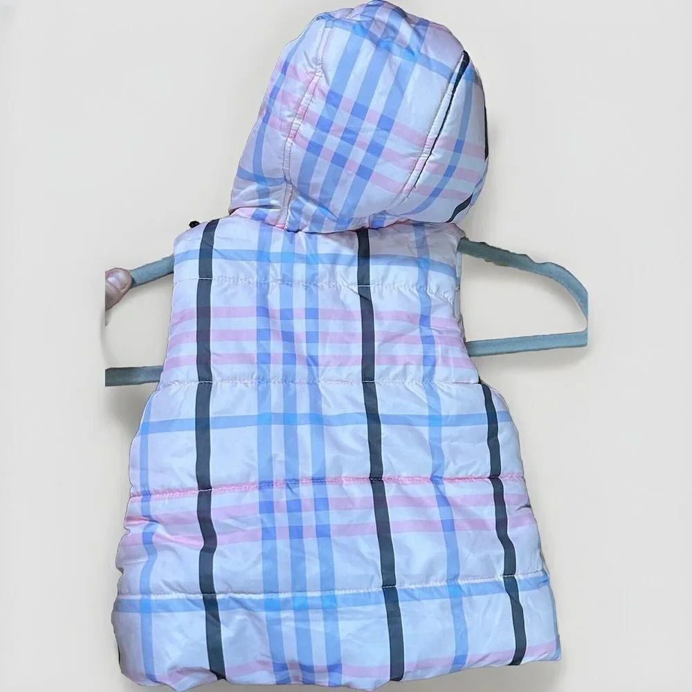 Gymboree Girls Puffer Vest 2T-3T Fleece Lined Pink Purple Plaid Hood Winter Snap